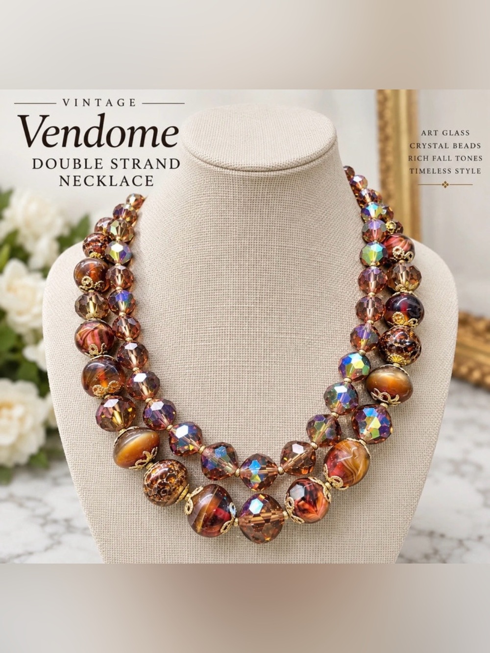 Vintage Vendome Double Strand Art Glass AB Crystal Bead Necklace